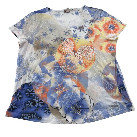 Chicos Womens Floral Print Top Size 2 Polyester‎ Short Sleeve V-Neck - Picture 1 of 5